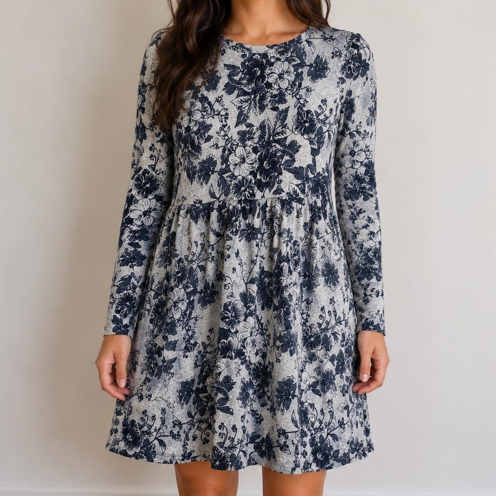 Speechless Floral Fit & Flare Dress Large Gray Blue Long Sleeve Sweater Dress